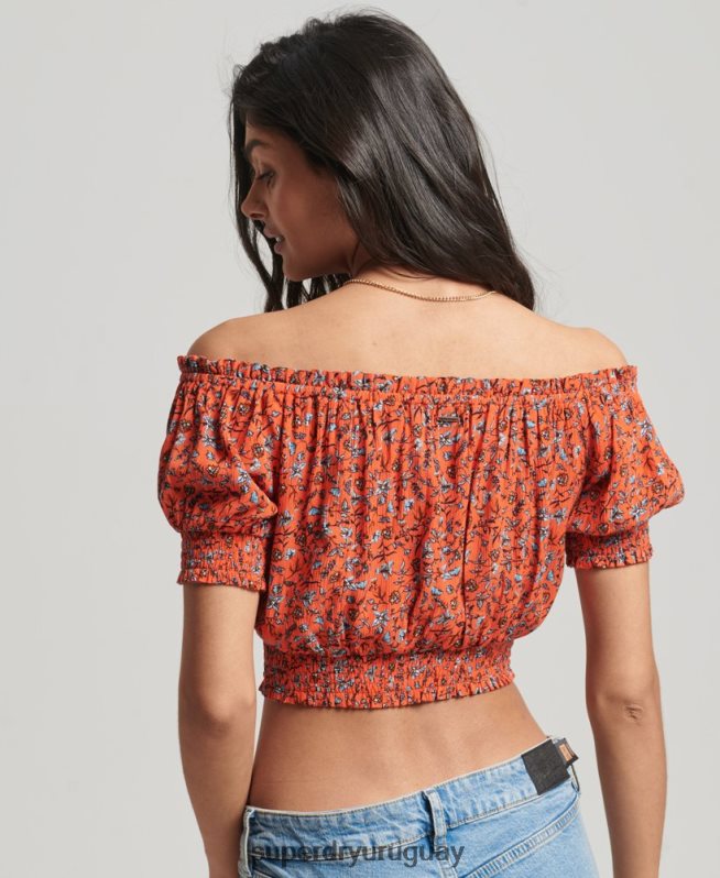 uy Superdry mujer top corto de manga corta con nido de abeja naranja DT2N8Z2110 ropa