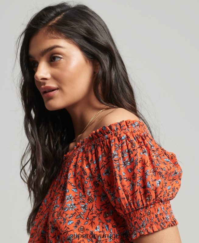 uy Superdry mujer top corto de manga corta con nido de abeja naranja DT2N8Z2110 ropa