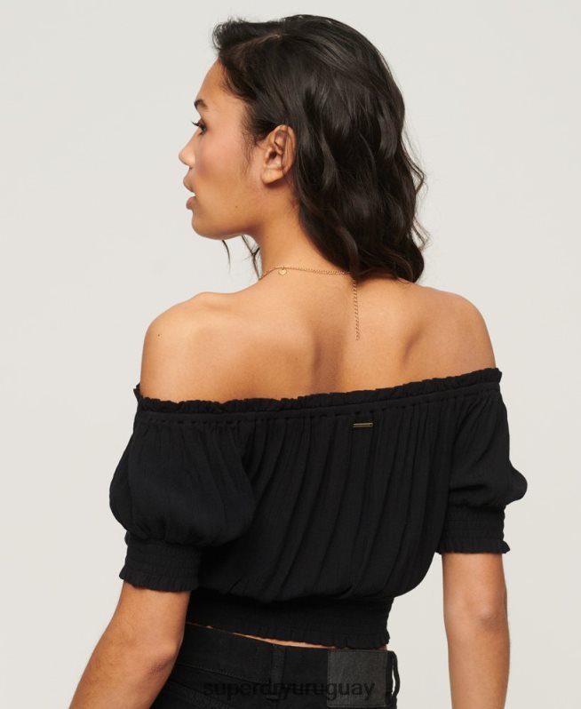 uy Superdry mujer top corto de manga corta con nido de abeja negro DT2N8Z2870 ropa
