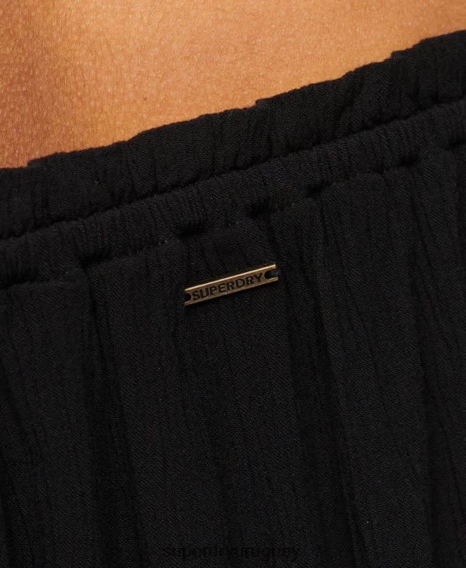uy Superdry mujer top corto de manga corta con nido de abeja negro DT2N8Z2870 ropa