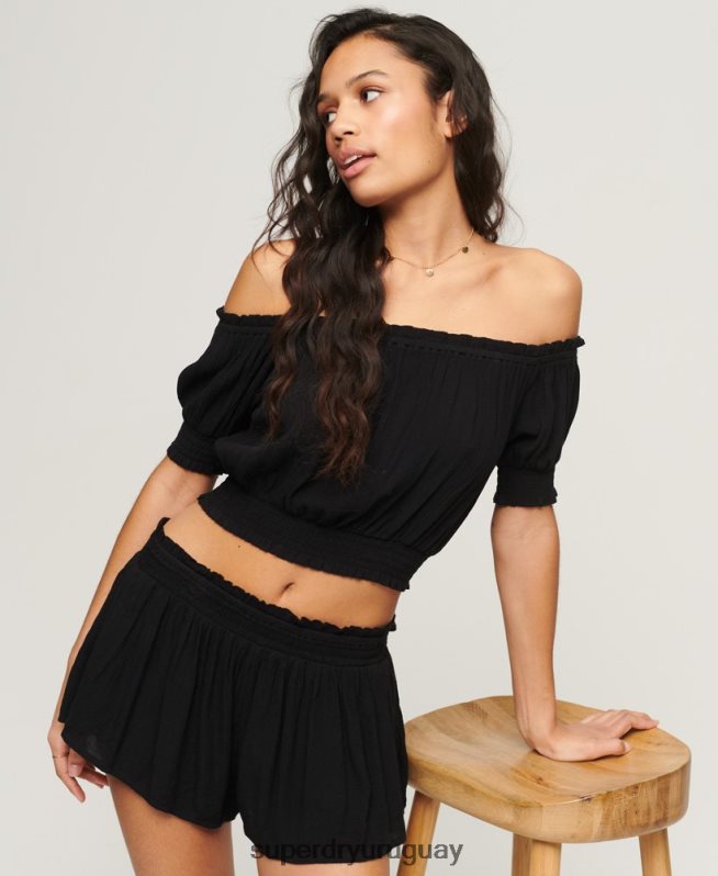 uy Superdry mujer top corto de manga corta con nido de abeja negro DT2N8Z2870 ropa