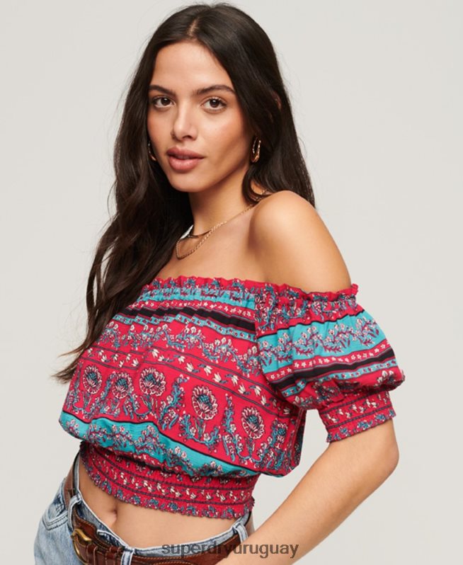 uy Superdry mujer top corto de manga corta con nido de abeja rosa DT2N8Z2109 ropa