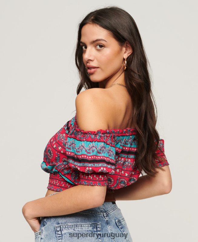 uy Superdry mujer top corto de manga corta con nido de abeja rosa DT2N8Z2109 ropa