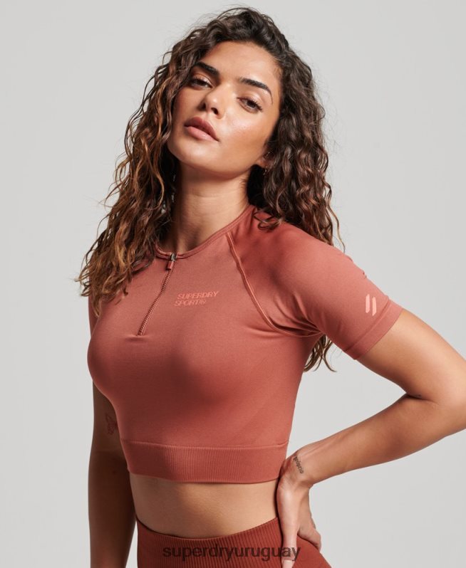 uy Superdry mujer top corto de manga corta sin costuras marrón DT2N8Z2931 ropa