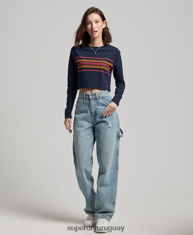uy Superdry mujer top corto de manga larga con rayas vintage de algodón orgánico Armada DT2N8Z2970 ropa