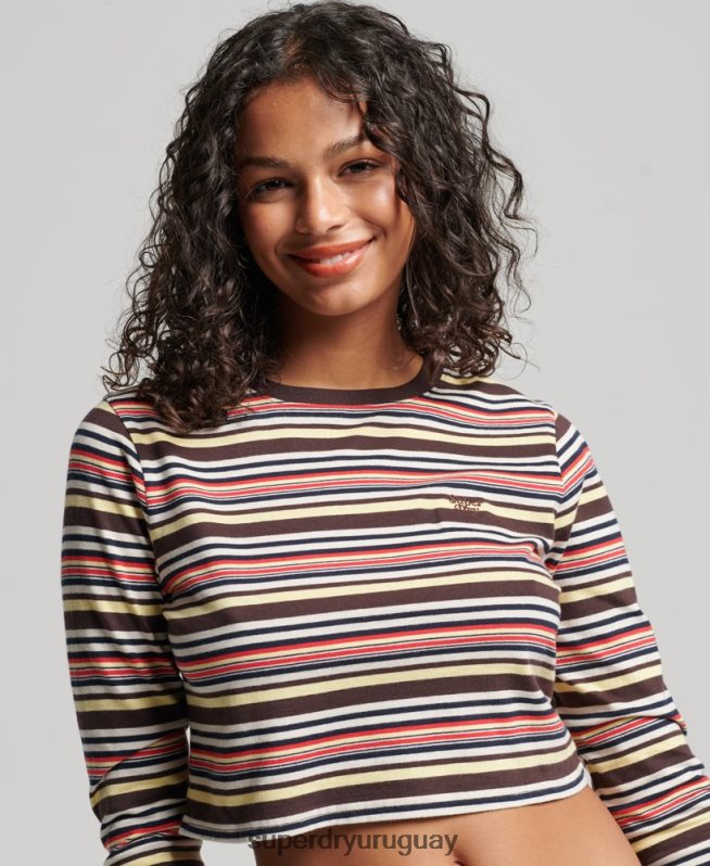 uy Superdry mujer top corto de manga larga con rayas vintage de algodón orgánico marrón DT2N8Z2948 ropa