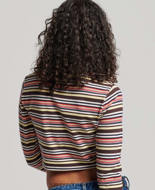 uy Superdry mujer top corto de manga larga con rayas vintage de algodón orgánico marrón DT2N8Z2948 ropa