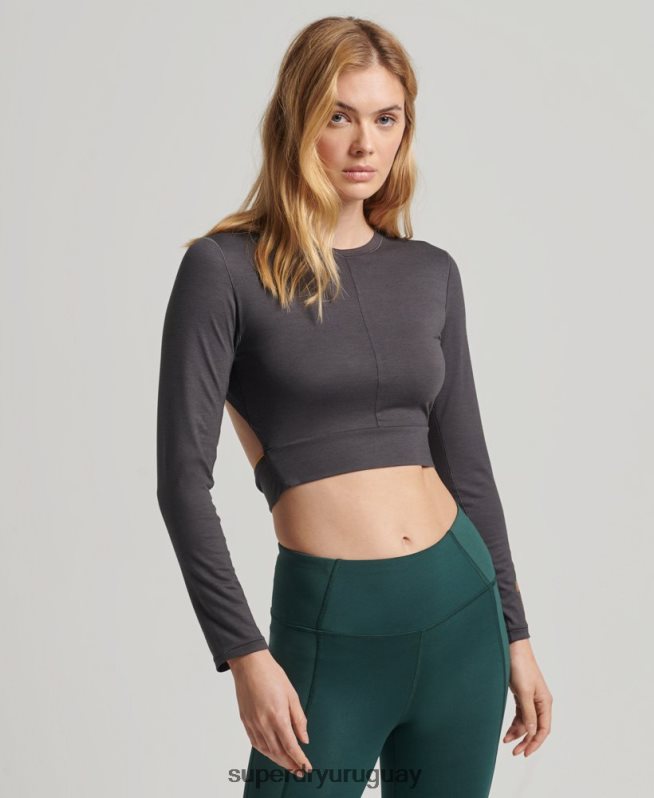 uy Superdry mujer top cruzado de manga larga gris oscuro DT2N8Z6327 ropa