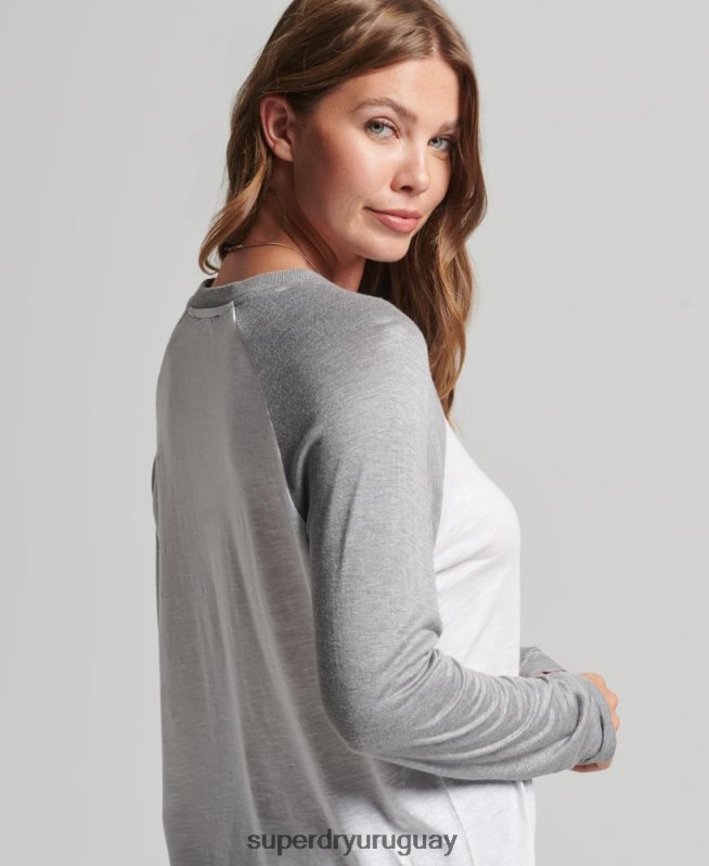 uy Superdry mujer top de béisbol de manga larga gris DT2N8Z6514 ropa