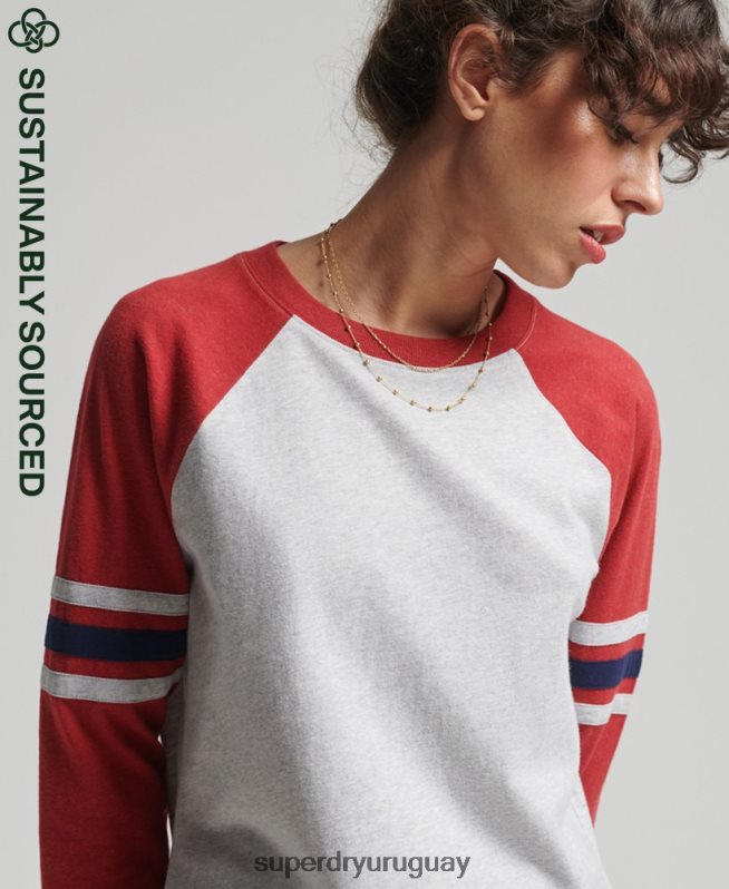 uy Superdry mujer top de béisbol vintage de media manga de algodón orgánico gris DT2N8Z6646 ropa