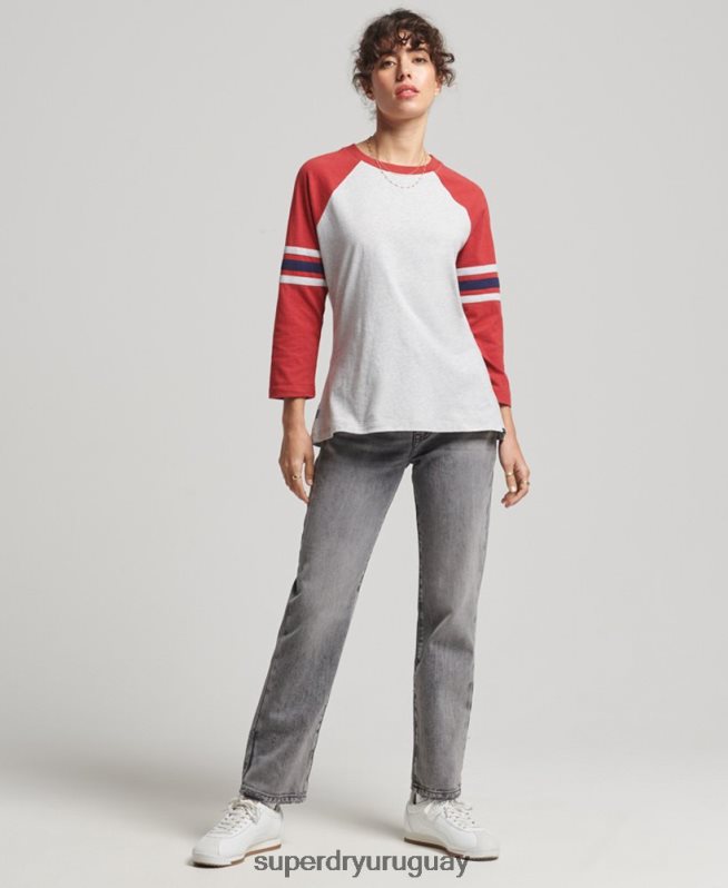 uy Superdry mujer top de béisbol vintage de media manga de algodón orgánico gris DT2N8Z6646 ropa