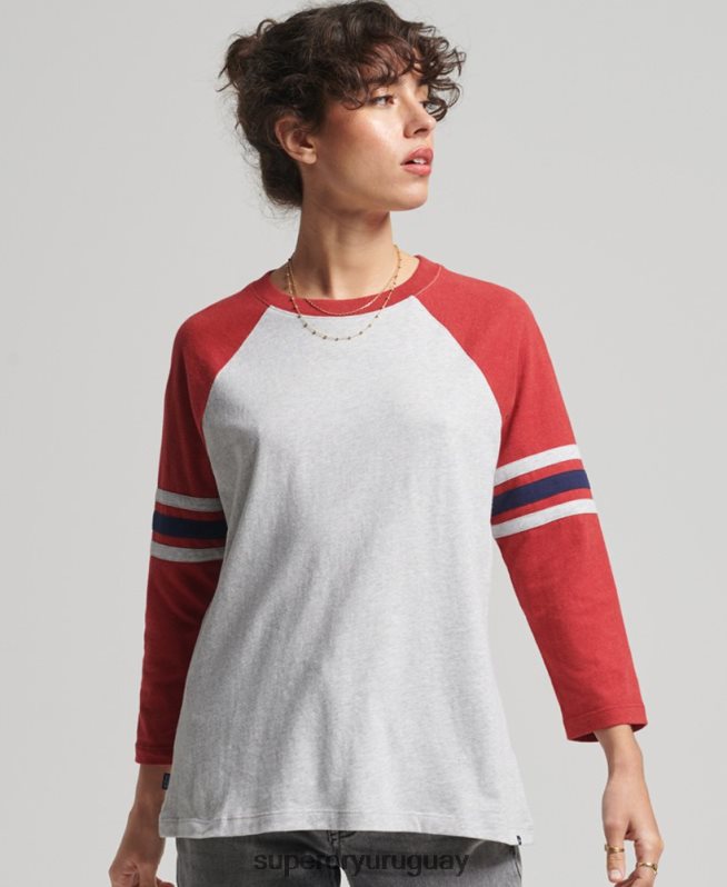 uy Superdry mujer top de béisbol vintage de media manga de algodón orgánico gris DT2N8Z6646 ropa