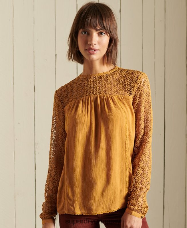 uy Superdry mujer top de encaje tejido de manga larga amarillo DT2N8Z3057 ropa