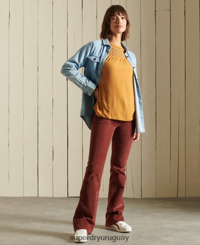 uy Superdry mujer top de encaje tejido de manga larga amarillo DT2N8Z3057 ropa