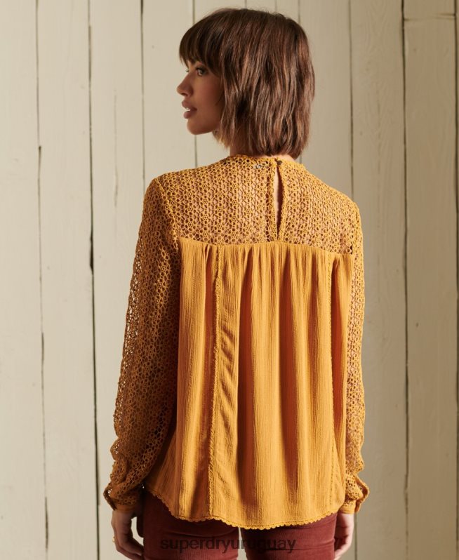 uy Superdry mujer top de encaje tejido de manga larga amarillo DT2N8Z3057 ropa