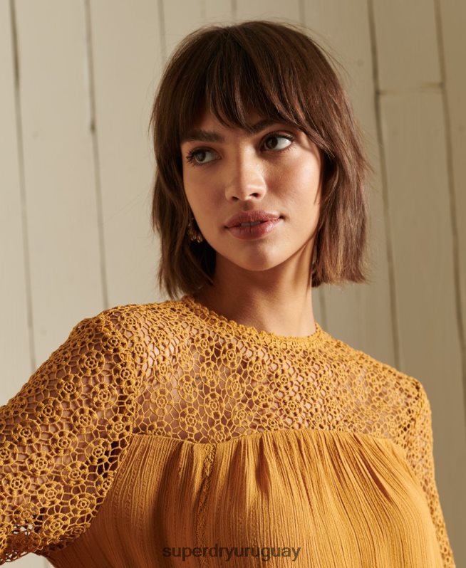 uy Superdry mujer top de encaje tejido de manga larga amarillo DT2N8Z3057 ropa