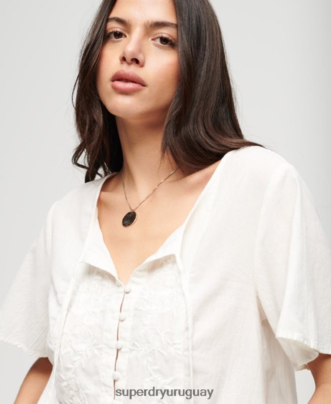 uy Superdry mujer top de manga corta con botones bordados crema DT2N8Z2078 ropa