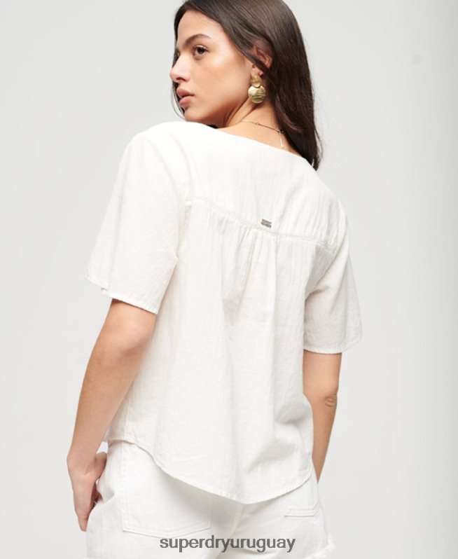 uy Superdry mujer top de manga corta con botones bordados crema DT2N8Z2078 ropa