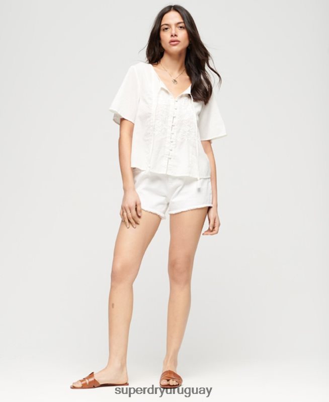 uy Superdry mujer top de manga corta con botones bordados crema DT2N8Z2078 ropa