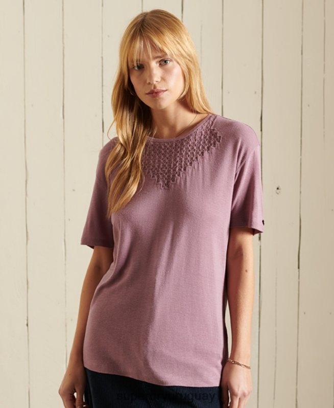uy Superdry mujer top de manga corta con encaje y chevron púrpura DT2N8Z2743 ropa