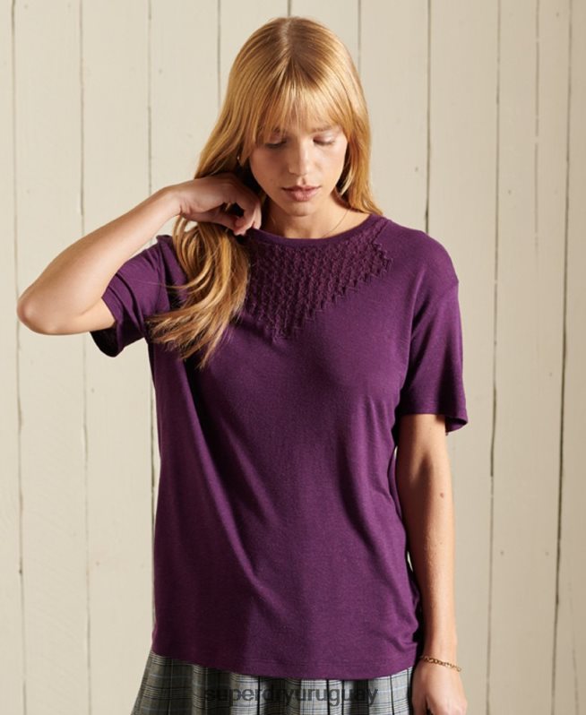 uy Superdry mujer top de manga corta con encaje y chevron púrpura DT2N8Z2746 ropa