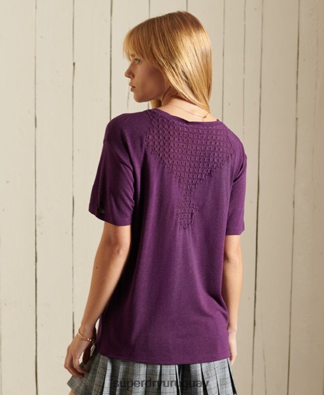 uy Superdry mujer top de manga corta con encaje y chevron púrpura DT2N8Z2746 ropa