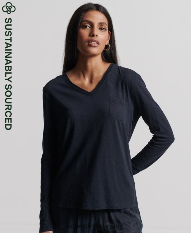 uy Superdry mujer top de manga larga con cuello de pico y bolsillo de algodón orgánico Armada DT2N8Z6547 ropa