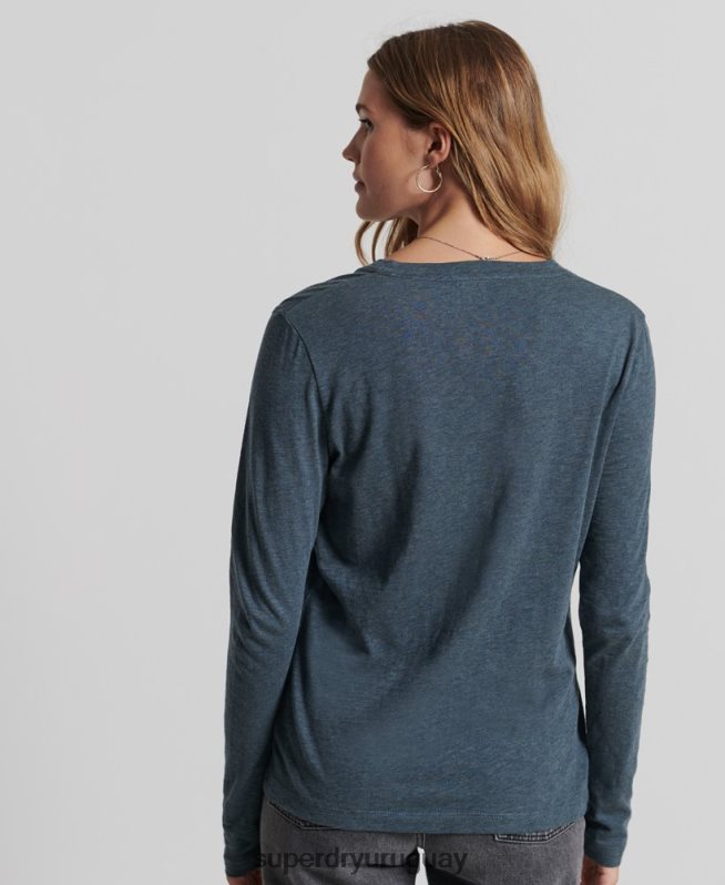 uy Superdry mujer top de manga larga con cuello de pico y bolsillo de algodón orgánico azul DT2N8Z6645 ropa