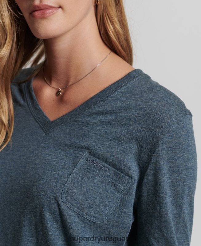 uy Superdry mujer top de manga larga con cuello de pico y bolsillo de algodón orgánico azul DT2N8Z6645 ropa