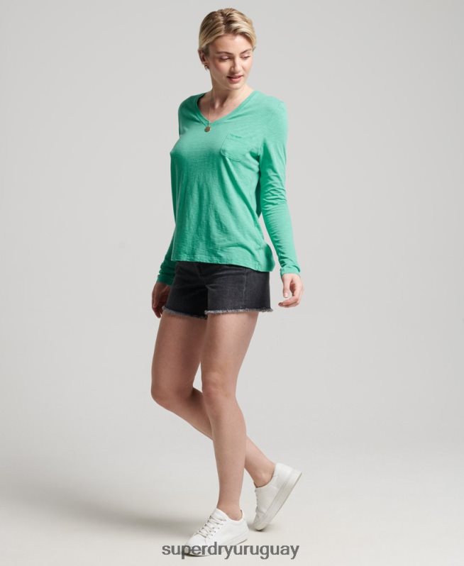 uy Superdry mujer top de manga larga con cuello de pico y bolsillo de algodón orgánico azul claro DT2N8Z6595 ropa