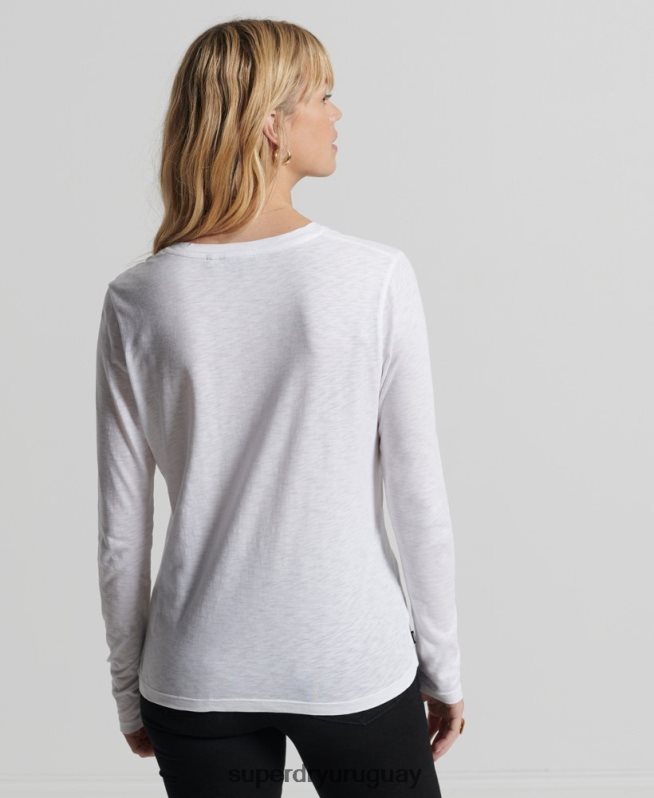 uy Superdry mujer top de manga larga con cuello de pico y bolsillo de algodón orgánico blanco DT2N8Z6556 ropa