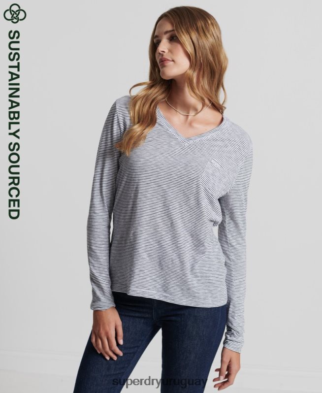 uy Superdry mujer top de manga larga con cuello de pico y bolsillo de algodón orgánico blanco DT2N8Z6583 ropa