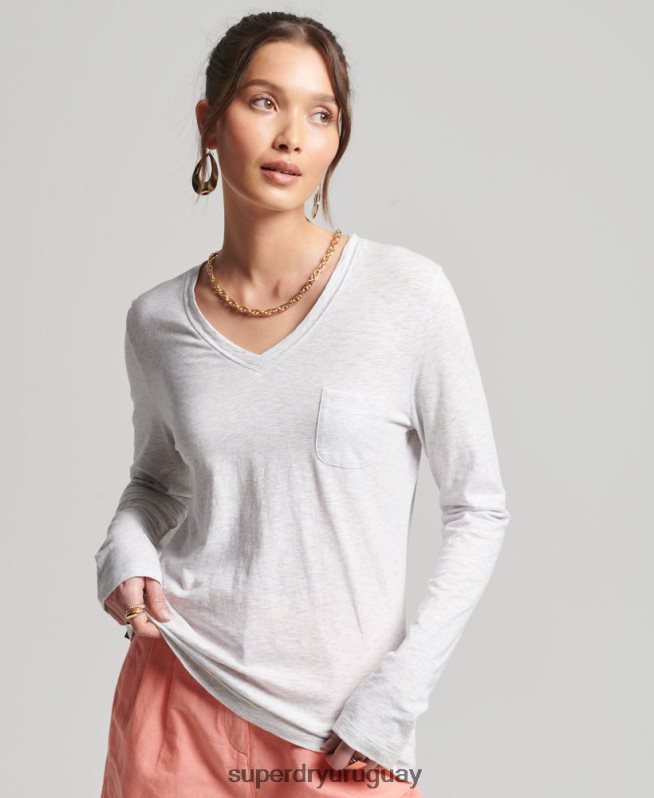 uy Superdry mujer top de manga larga con cuello de pico y bolsillo de algodón orgánico gris claro DT2N8Z6510 ropa