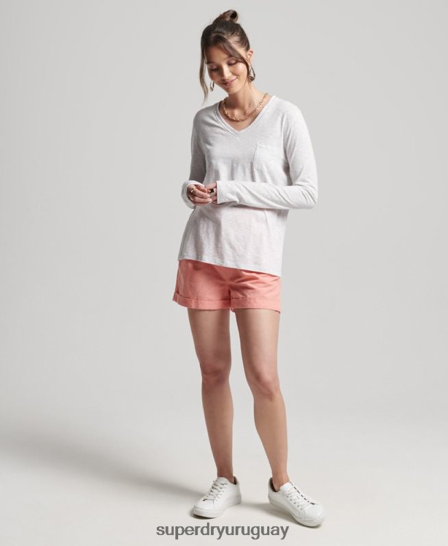 uy Superdry mujer top de manga larga con cuello de pico y bolsillo de algodón orgánico gris claro DT2N8Z6510 ropa