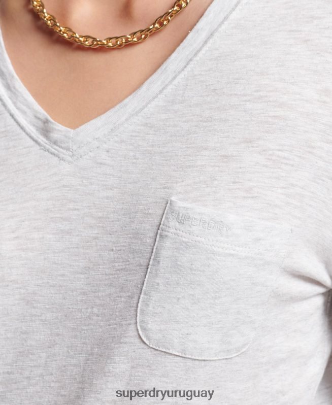uy Superdry mujer top de manga larga con cuello de pico y bolsillo de algodón orgánico gris claro DT2N8Z6510 ropa