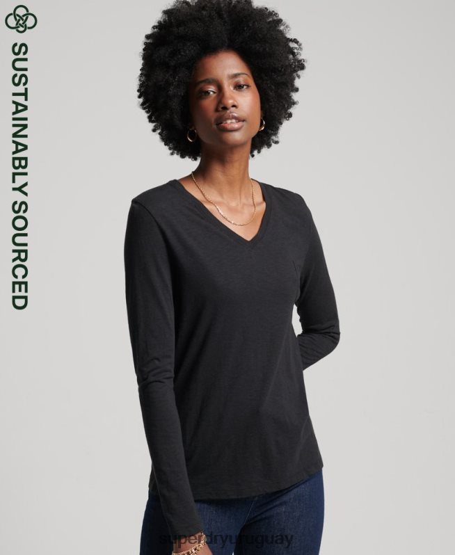 uy Superdry mujer top de manga larga con cuello de pico y bolsillo de algodón orgánico negro DT2N8Z6562 ropa