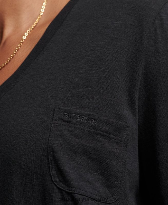 uy Superdry mujer top de manga larga con cuello de pico y bolsillo de algodón orgánico negro DT2N8Z6562 ropa