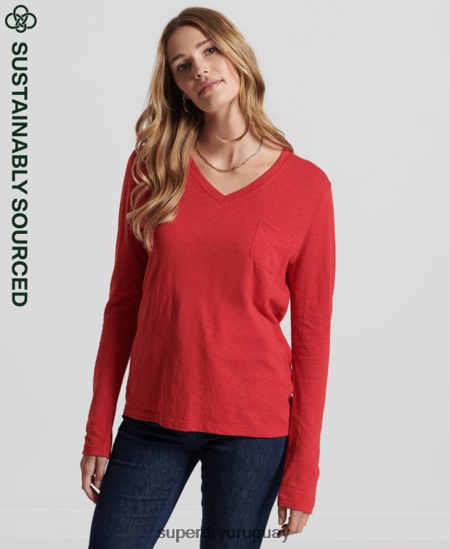 uy Superdry mujer top de manga larga con cuello de pico y bolsillo de algodón orgánico rojo DT2N8Z6660 ropa