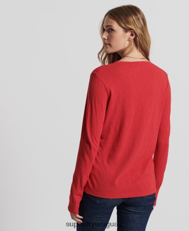 uy Superdry mujer top de manga larga con cuello de pico y bolsillo de algodón orgánico rojo DT2N8Z6660 ropa