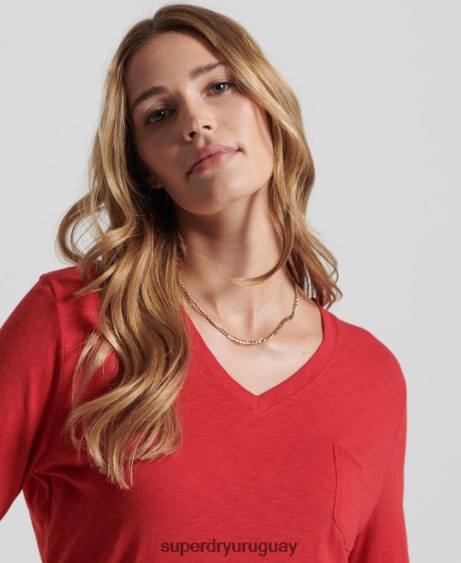 uy Superdry mujer top de manga larga con cuello de pico y bolsillo de algodón orgánico rojo DT2N8Z6660 ropa