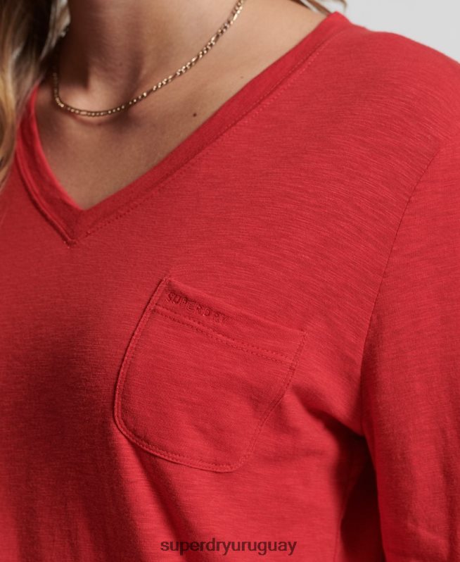 uy Superdry mujer top de manga larga con cuello de pico y bolsillo de algodón orgánico rojo DT2N8Z6660 ropa