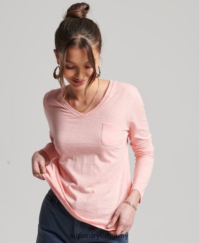uy Superdry mujer top de manga larga con cuello de pico y bolsillo de algodón orgánico rosa DT2N8Z6552 ropa