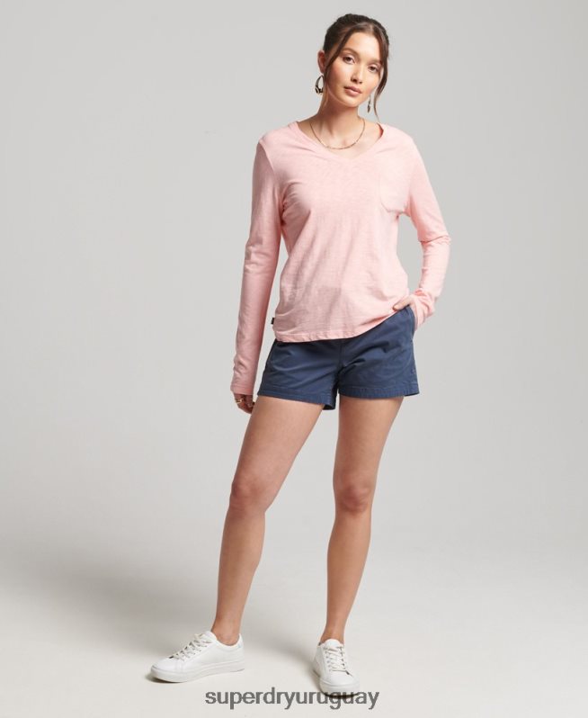 uy Superdry mujer top de manga larga con cuello de pico y bolsillo de algodón orgánico rosa DT2N8Z6552 ropa