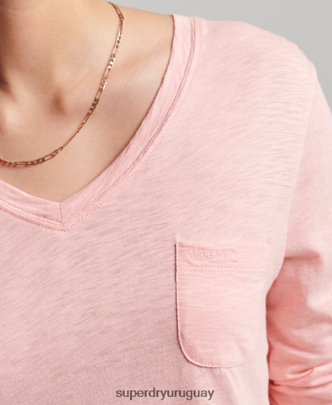 uy Superdry mujer top de manga larga con cuello de pico y bolsillo de algodón orgánico rosa DT2N8Z6552 ropa