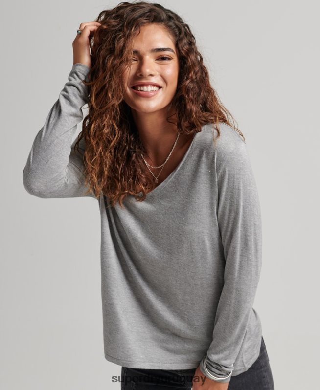 uy Superdry mujer top de manga larga con cuello en V gris DT2N8Z6736 ropa