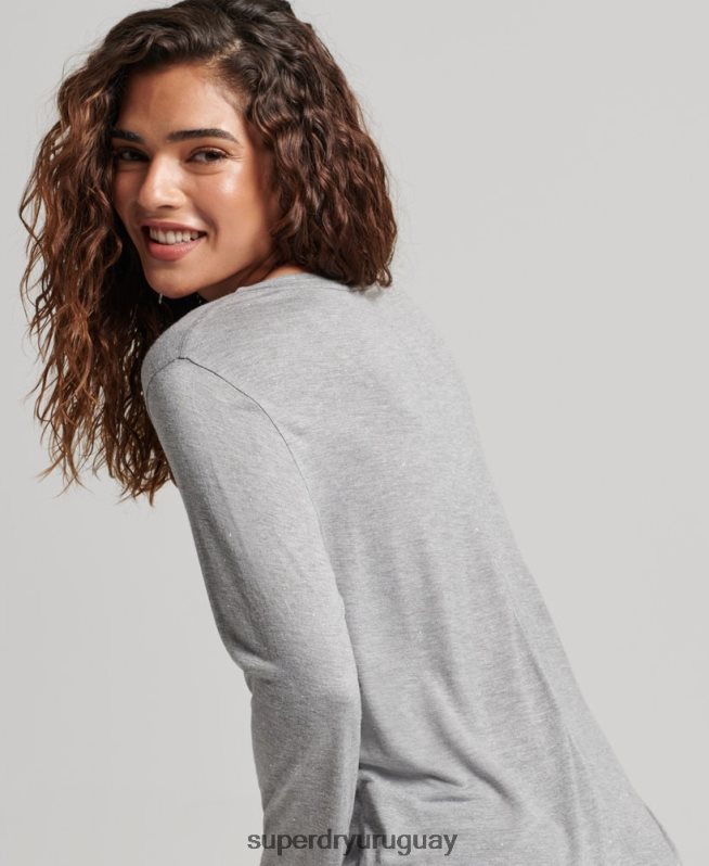 uy Superdry mujer top de manga larga con cuello en V gris DT2N8Z6736 ropa