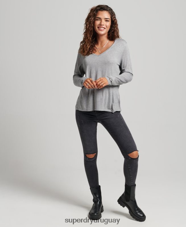 uy Superdry mujer top de manga larga con cuello en V gris DT2N8Z6736 ropa
