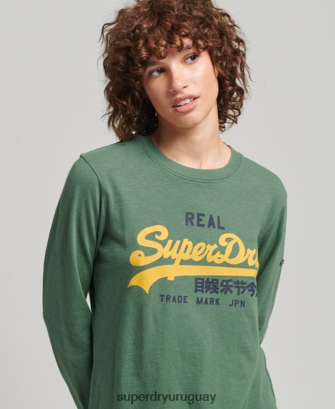 uy Superdry mujer top de manga larga con logo vintage verde DT2N8Z3045 ropa