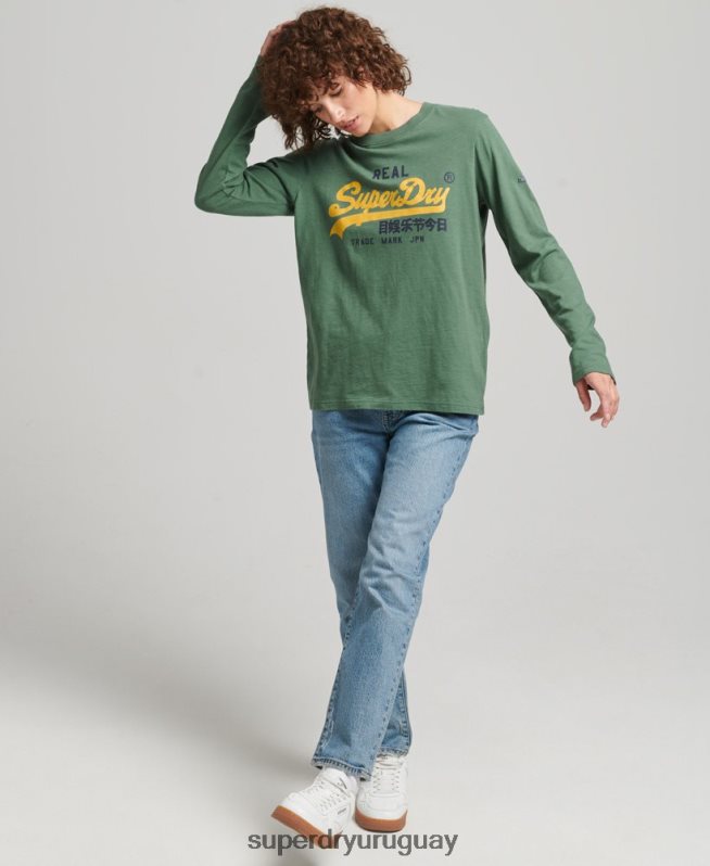 uy Superdry mujer top de manga larga con logo vintage verde DT2N8Z3045 ropa