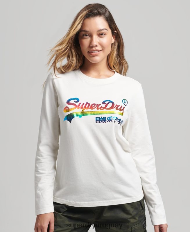 uy Superdry mujer top de manga larga con logo vintage y arcoíris blanco DT2N8Z3070 ropa